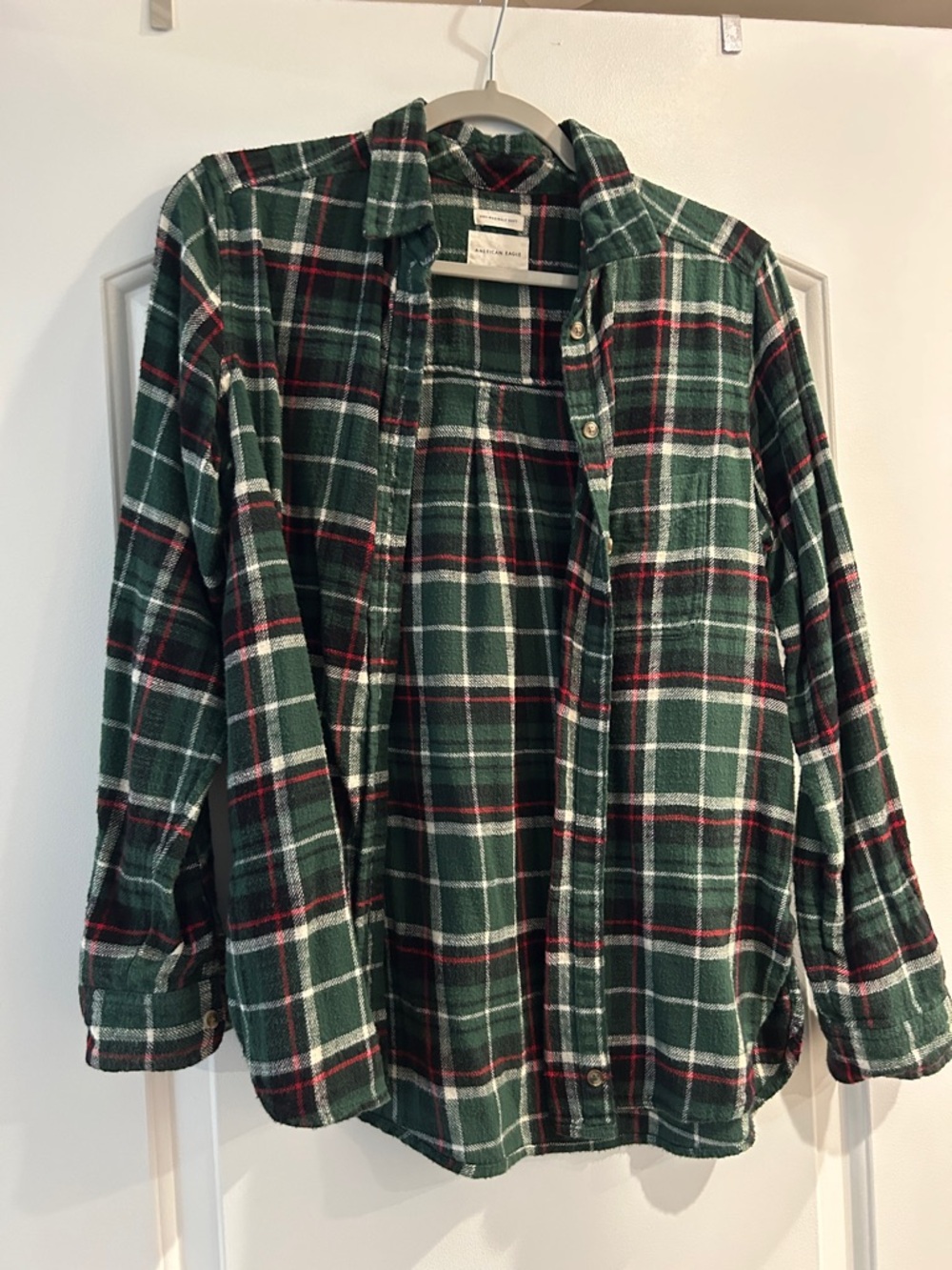 American Eagle Green and Red Plaid Flannel Shirt